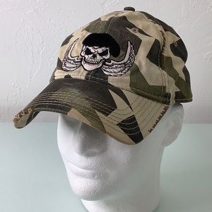 Red 1966 Skull Wings Camouflaged distressed fitted baseball cap hat size OSFA